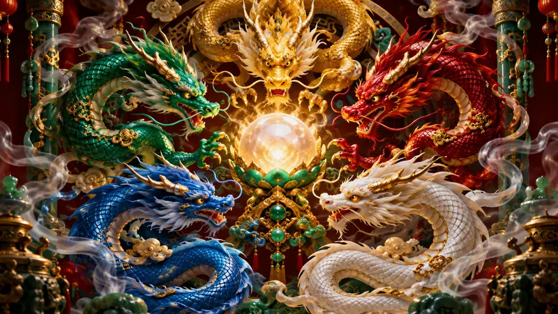 Five dragons swirling around a glowing pearl