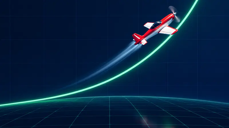 Small plane climbing a glowing curve over a dark grid