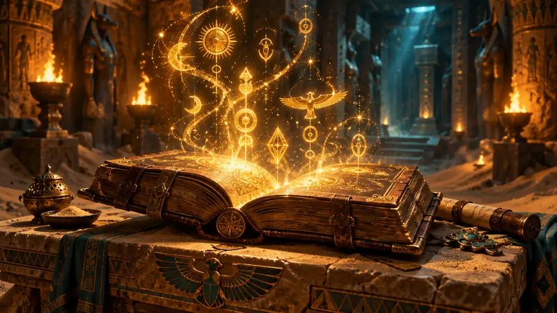 Ancient tome glowing on a sandstone altar