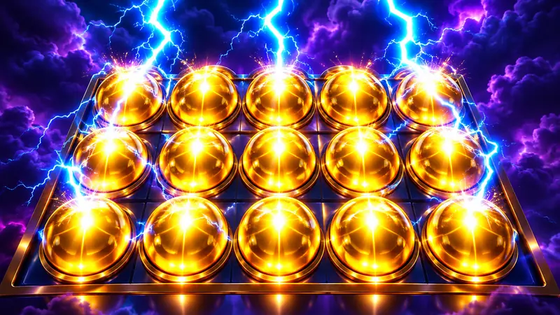 Lightning striking a grid of glowing golden orbs