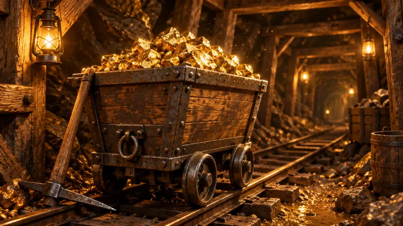 Mine trolley heaped with gold nuggets
